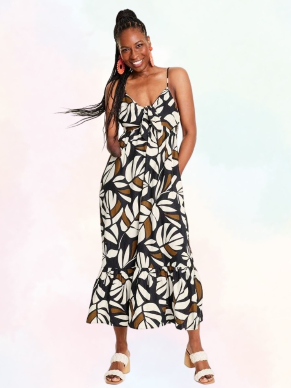 Tabitha Brown X Target  Leaf-Print Midi Dress in Black, White & Brown Size 1X